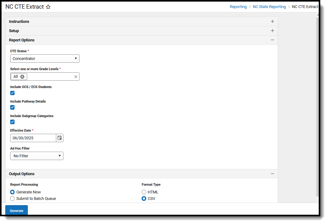 Screenshot of the NC CTE Extract editor, located at Reporting, NC State Reporting.