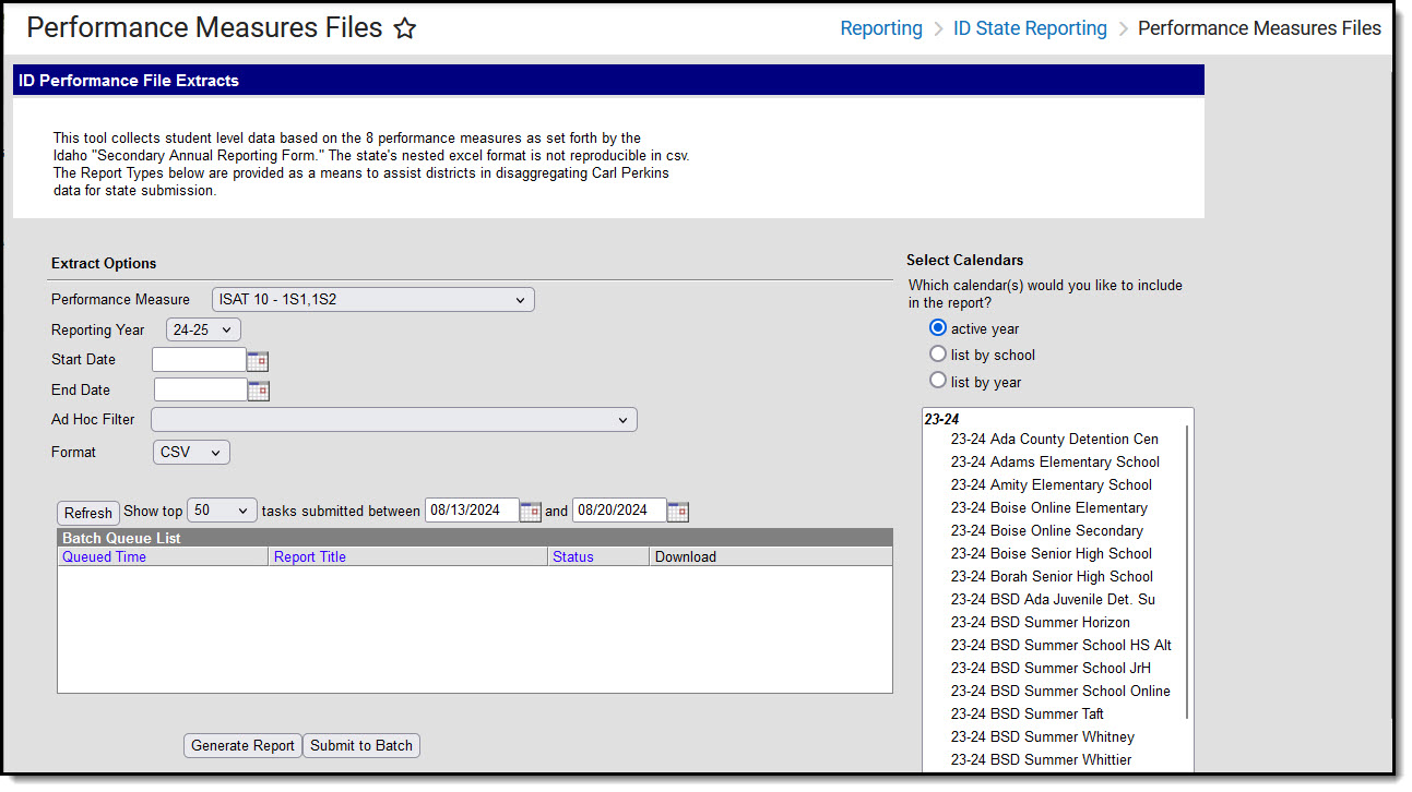 Screenshot of the Performance Measure Files extract editor.