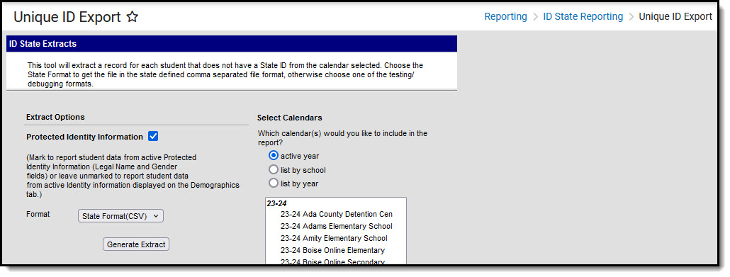 Screenshot of the Unique ID Export extract editor. 