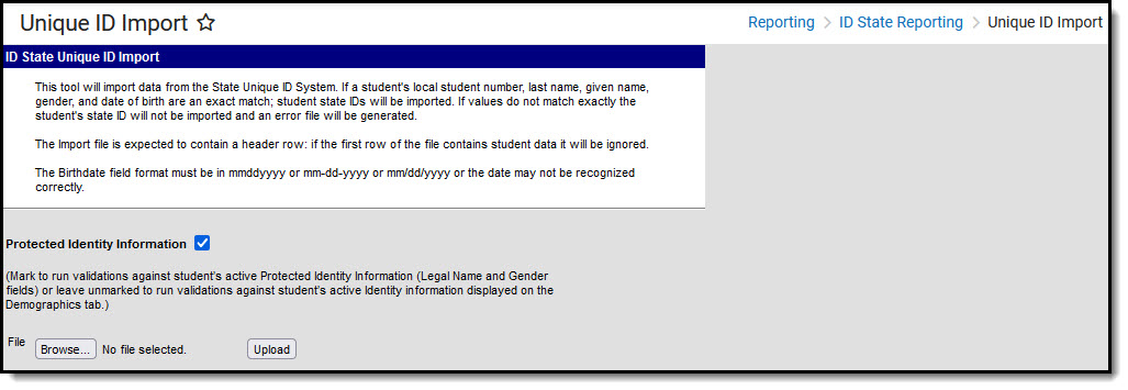 Screenshot of the Unique ID Import report editor. 