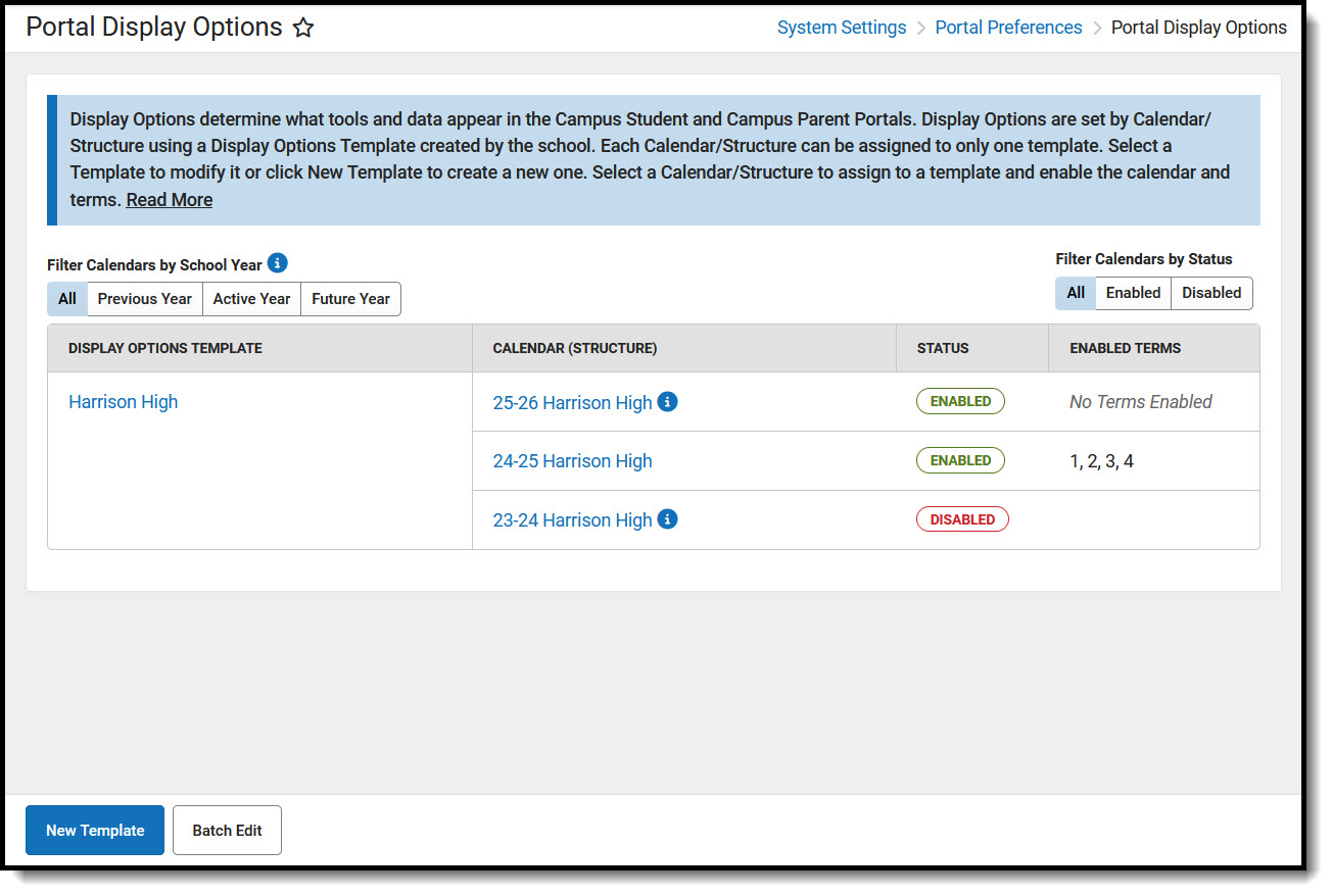 Screenshot of the display options tool, with templates listed with calendars assigned to them and the status of those calendars. 