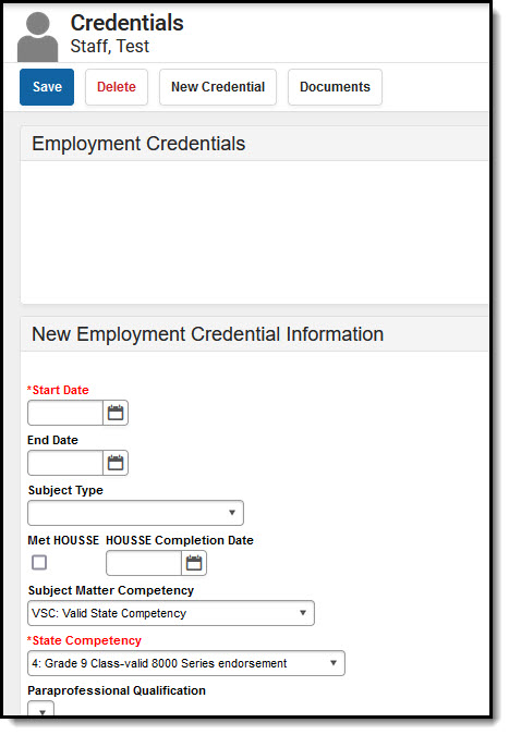 Screenshot of the Credentials tool with a State Competency selected. 