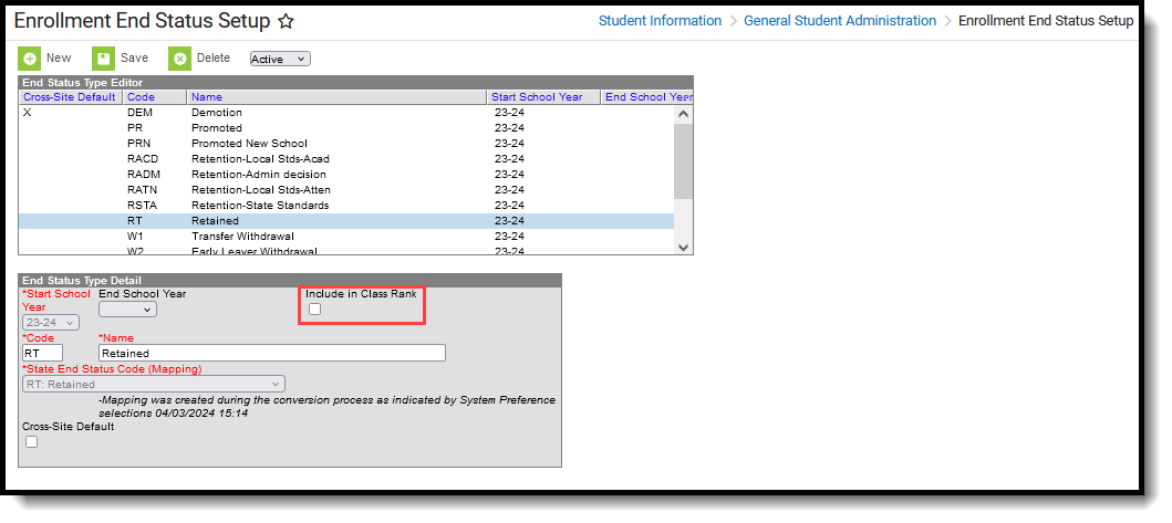 Screenshot of the Enrollment End Status Setup tool highlighighting the Include in class rank checkbox. 