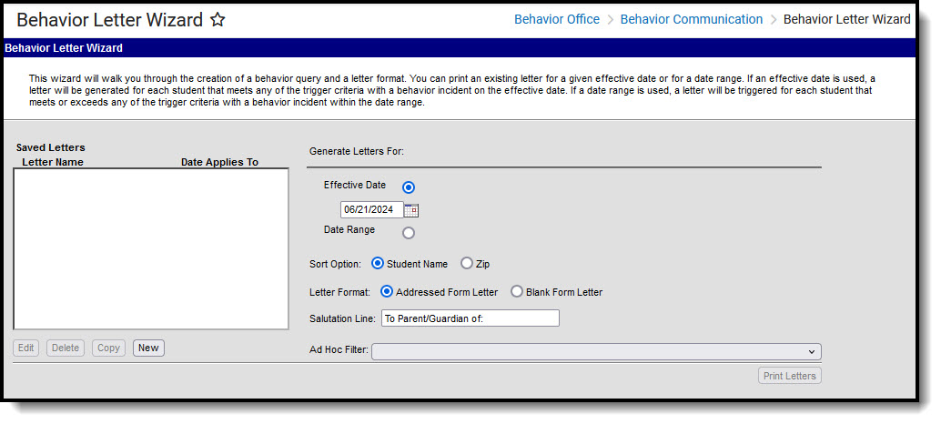 Screenshot of the Behavior Letter Wizard, located at Behavior. 