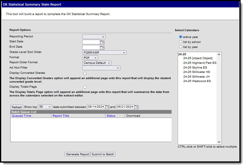 Screenshot of the Oklahoma Statistical Summary State Report Editor