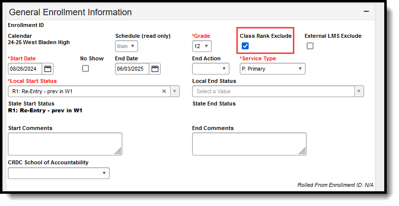 Screenshot of the student's Enrollment record highlighting the Class Rank Exclude checkbox. 