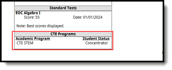 Screenshot of the CTE Programs section on the Student Transcript. 