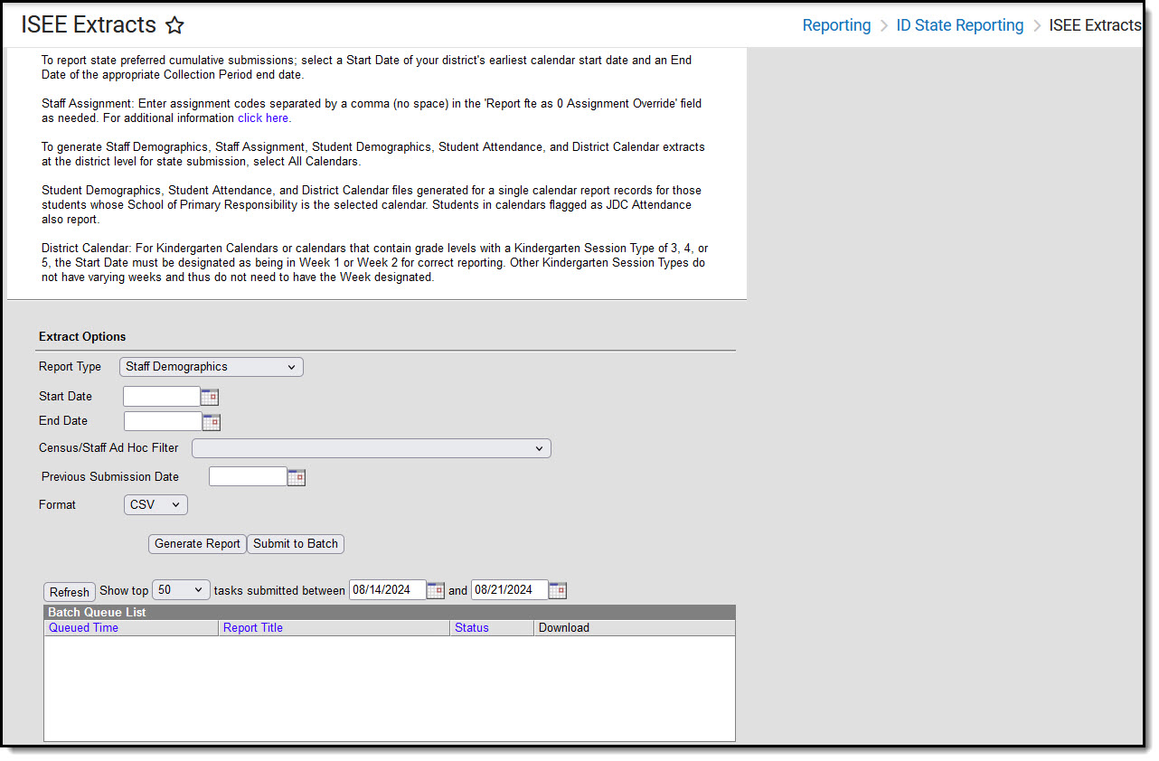 Screenshot of the Staff Demographics ISEE extract editor.