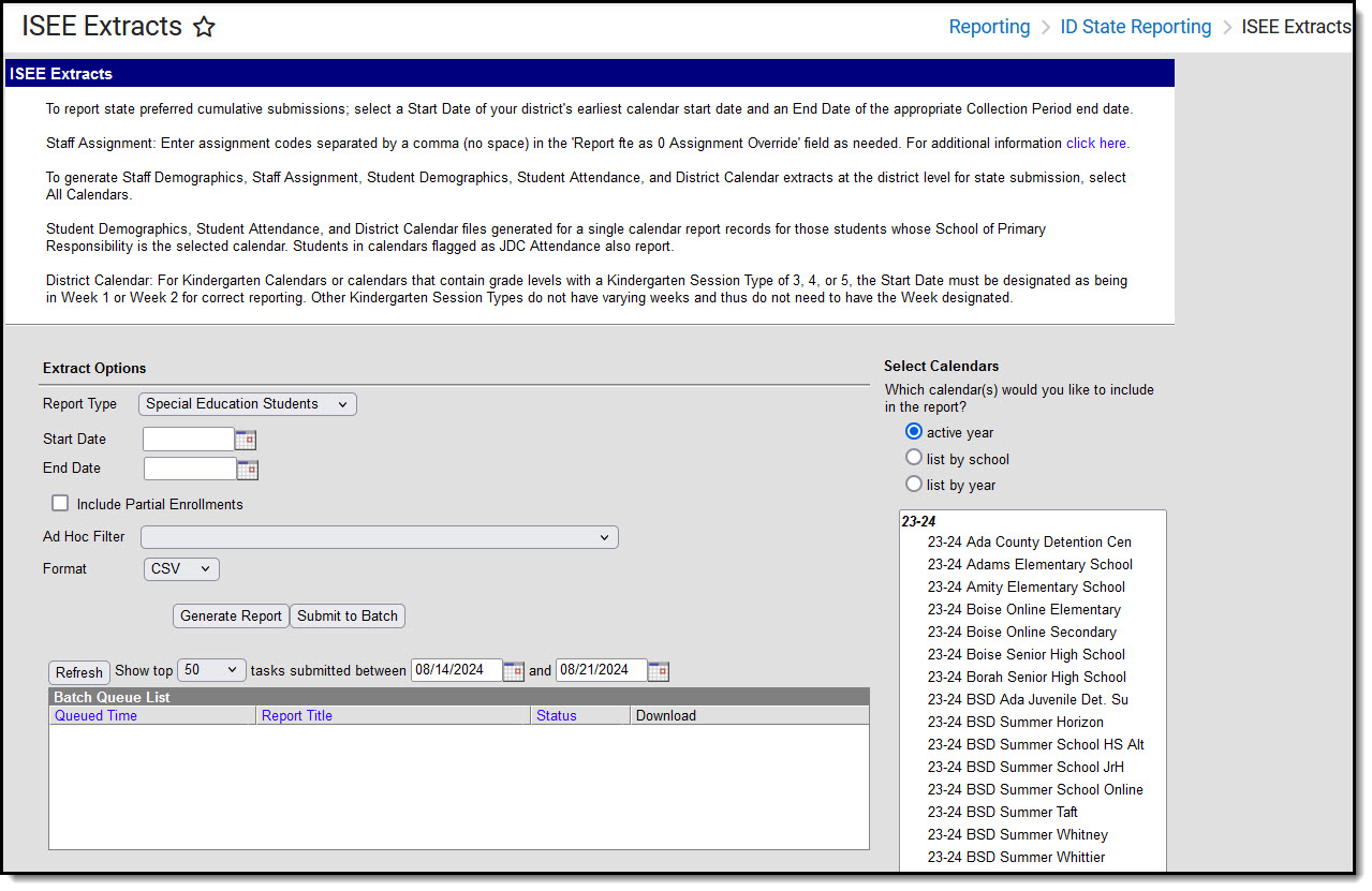 Screenshot of the Special Education Students ISEE extract editor.