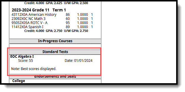 Screenshot of the Standard Tests print on the transcript, noting the Best Scores displayed message. 