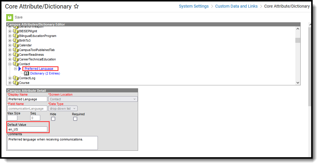 screenshot of the default value field highlighted within an attribute