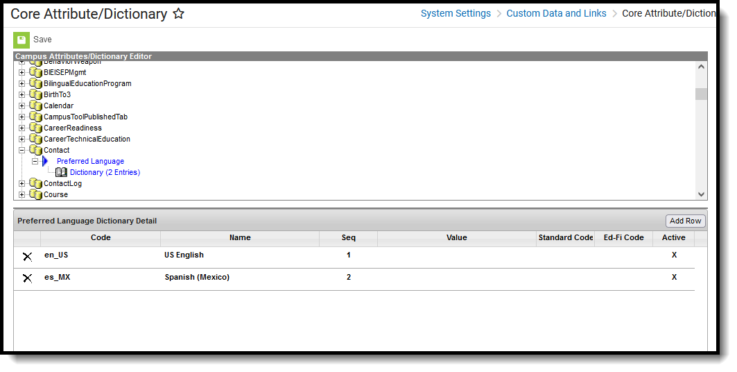 screenshot of preferred language within the attribute dictionary