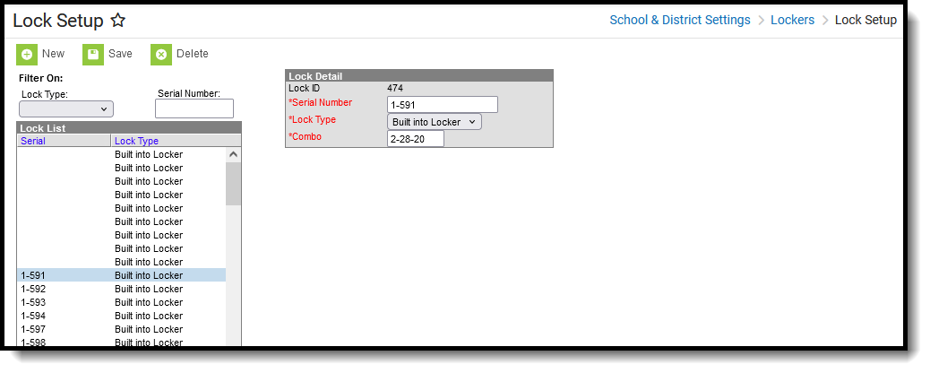 screenshot of the lock setup editor, located at School & District Settings, Lockers