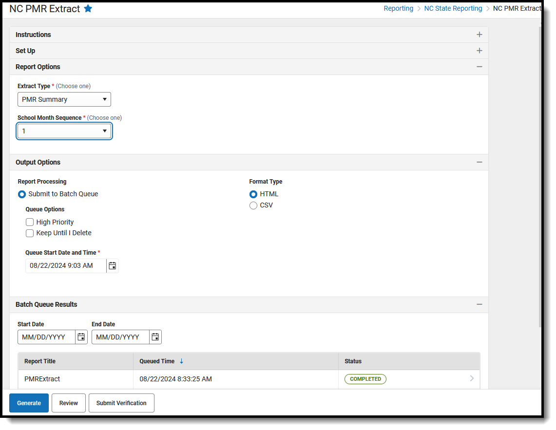 Screenshot of the NC PMR Extract, located at Reporting, NC State Reporting. 