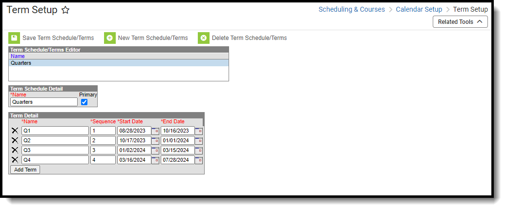 Screenshot of the Term Setup editor, located at Scheduling & Courses, Calendar Setup. 