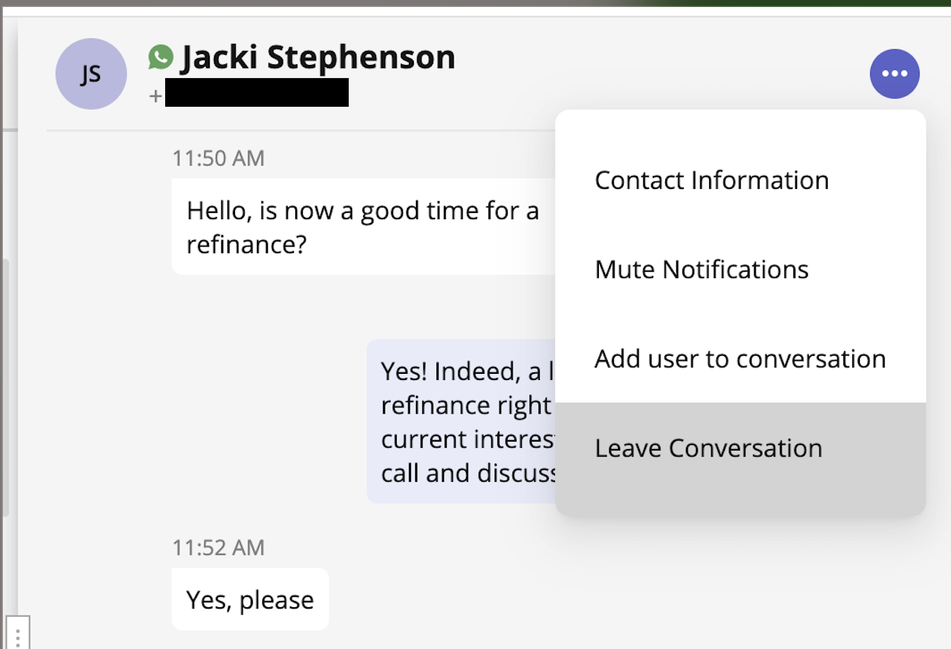 Screenshot of application with Leave Conversation menu item selected