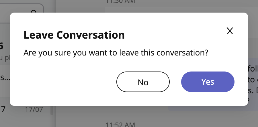 Screenshot of confirmation message "Are you sure you want to leave this conversation? 