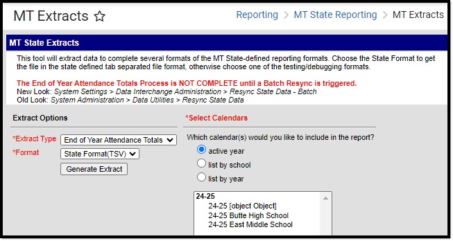 Screenshot of the End of Year Attendance Totals Extract Editor.