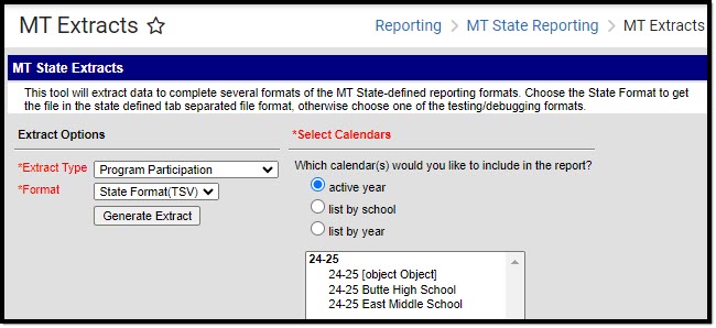 Screenshot of the Montana Program Participation Extract.