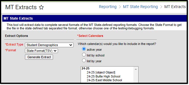 Screenshot of the Student Demographics extract editor.  