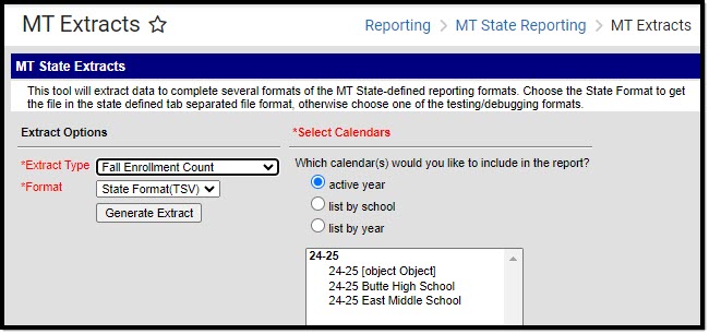 Screenshot of the Fall Enrollment Count extract editor. 