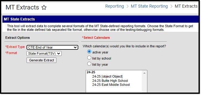 Screenshot of the CTE end of year extract editor.  