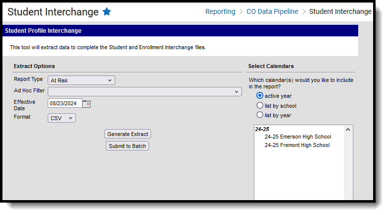 Screenshot of the At Risk file, located at Reporting, CO Data Pipeline, Student Interchange. 