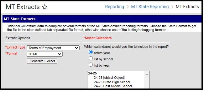 Screenshot of the Terms of Employment Extract Editor.