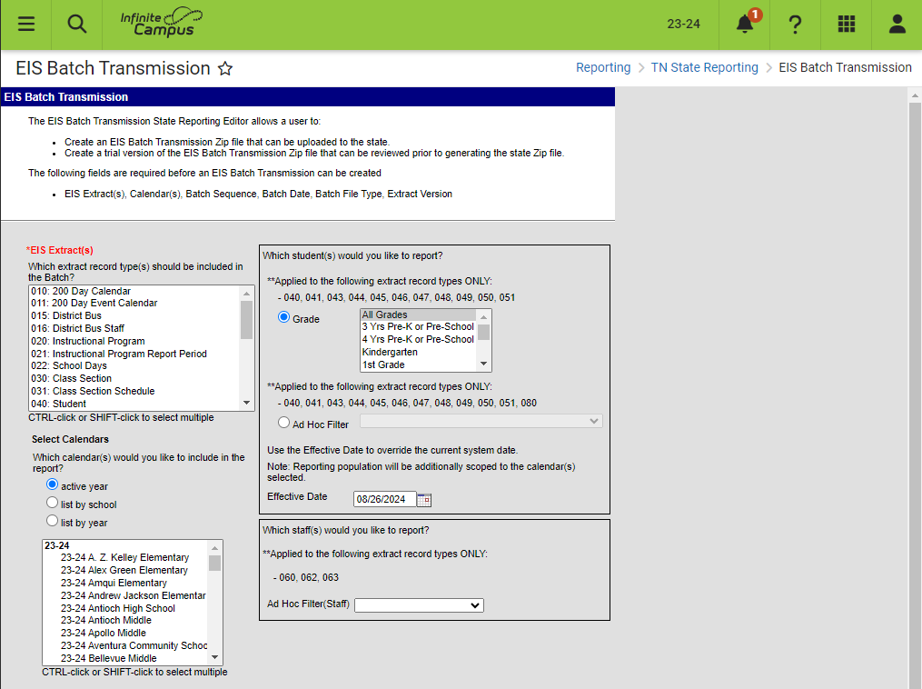 Screenshot of the EIS Batch Transmission report editor. 