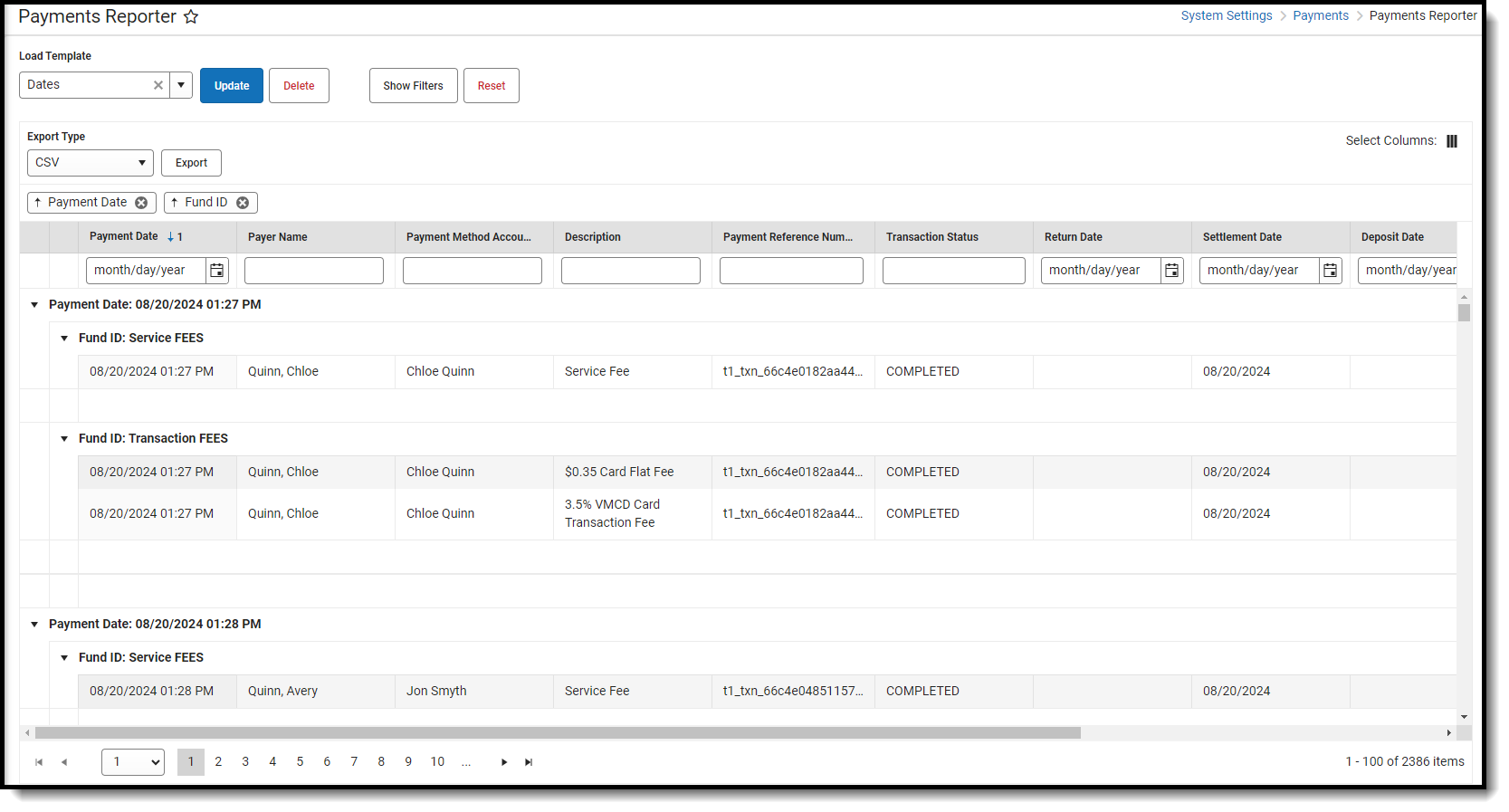 Screenshot of Example Payments Reporter