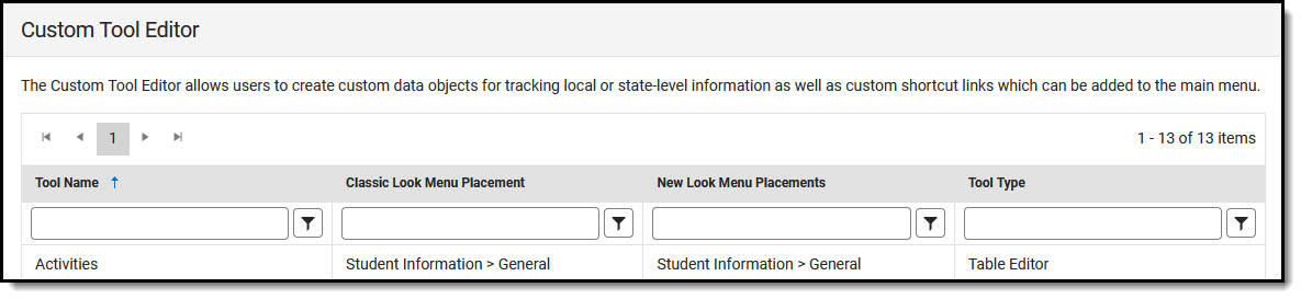 Screenshot showing the fillters appliable to each column of the Custom Tool Editor.