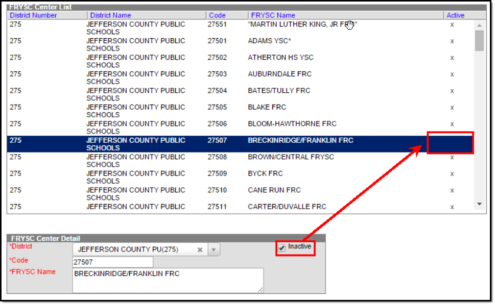 Screenshot of the FRYSC Center Detail editor with the Inactive checkbox marked. 
