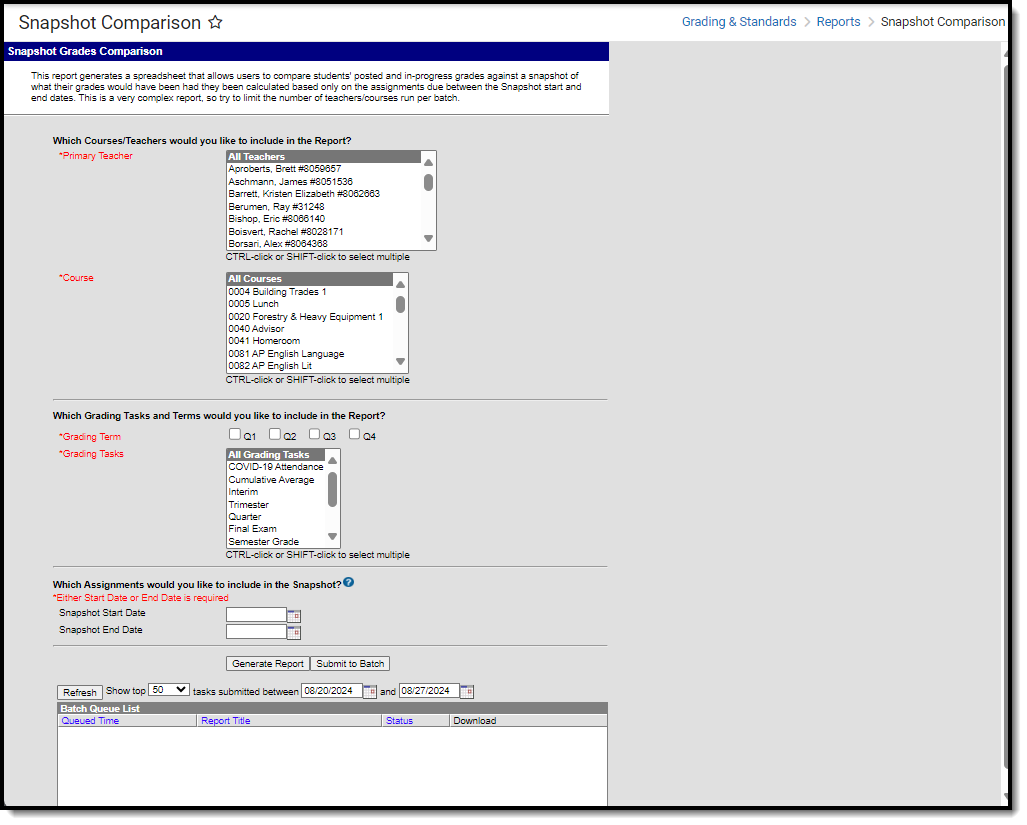 screenshot of the snapshot comparison report