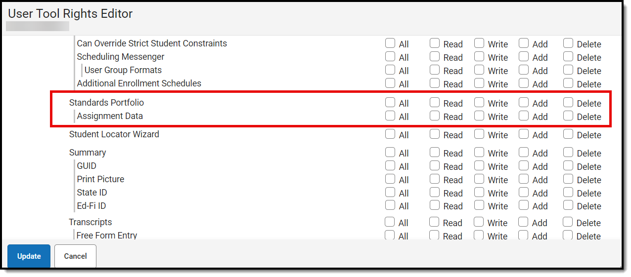 screenshot of the standards portfolio and assignment data tool rights