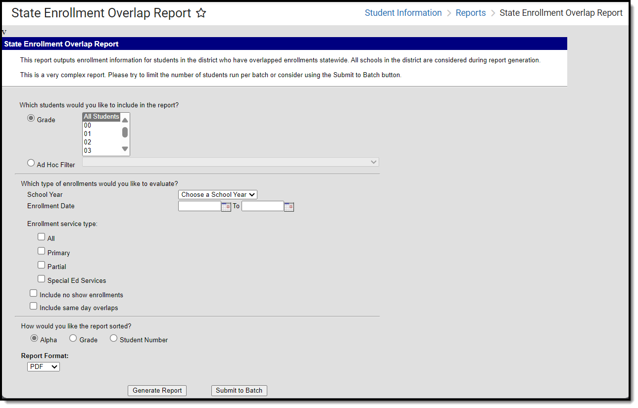 screenshot of the state enrollment overlap report