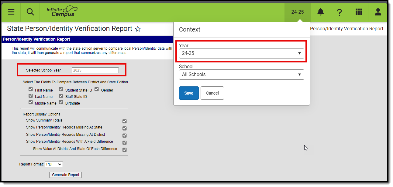 screenshot of showing how the selected school year is set