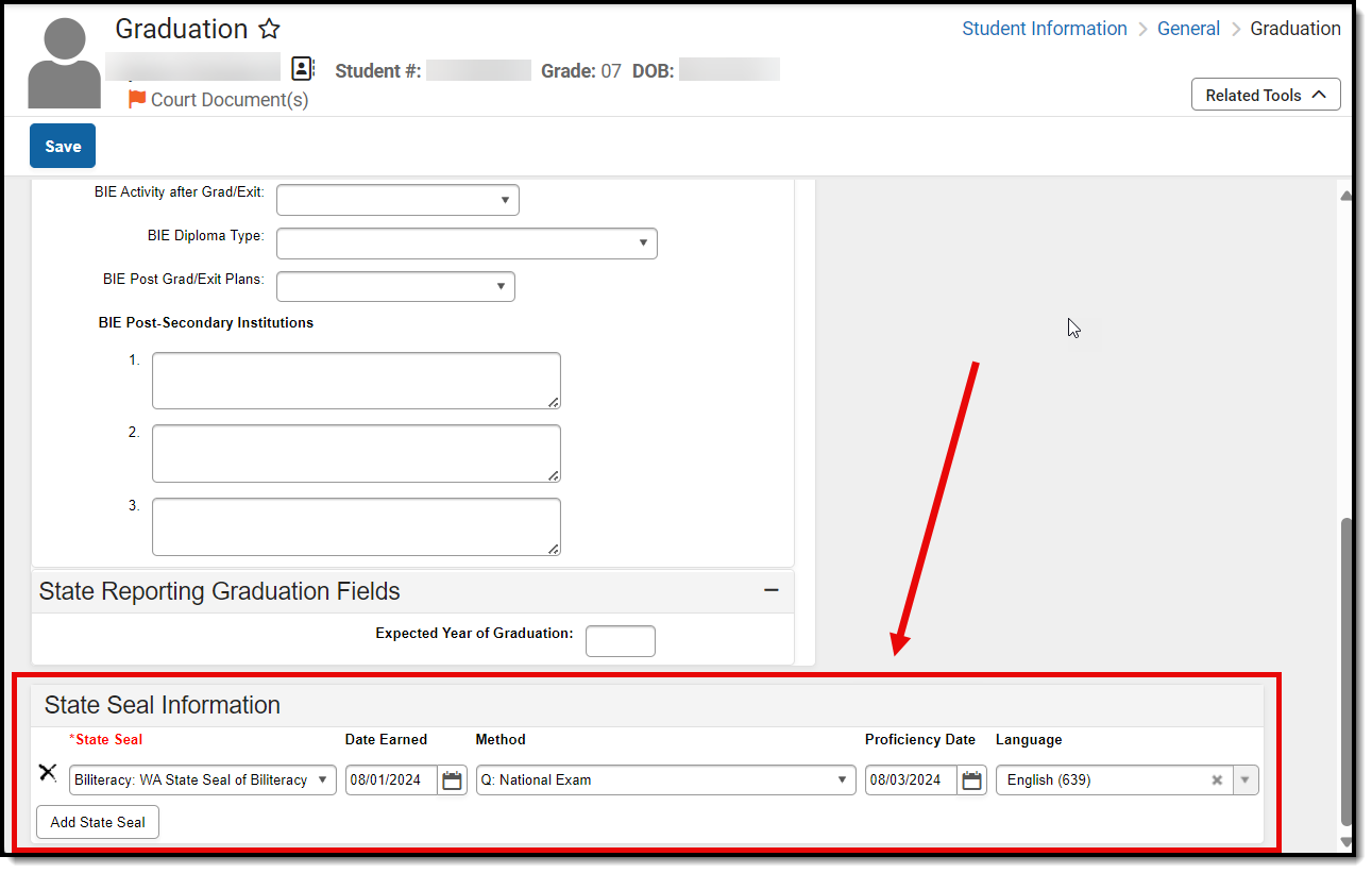 screenshot of the state seal information section of the Graduation tool