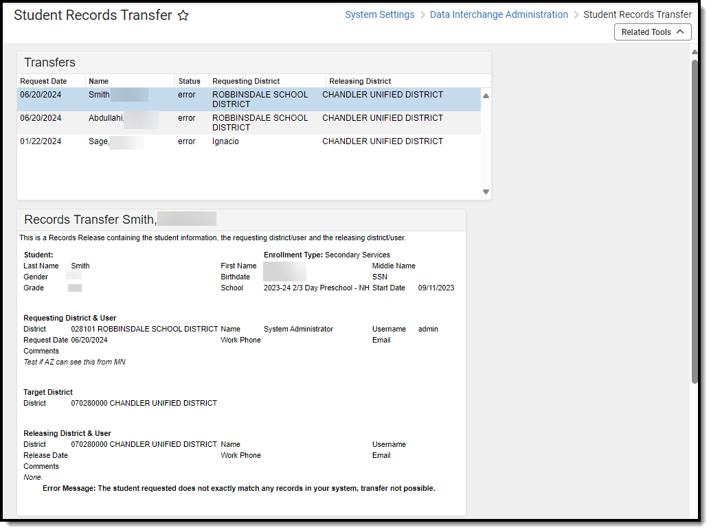 screenshot of the student records transfer tool