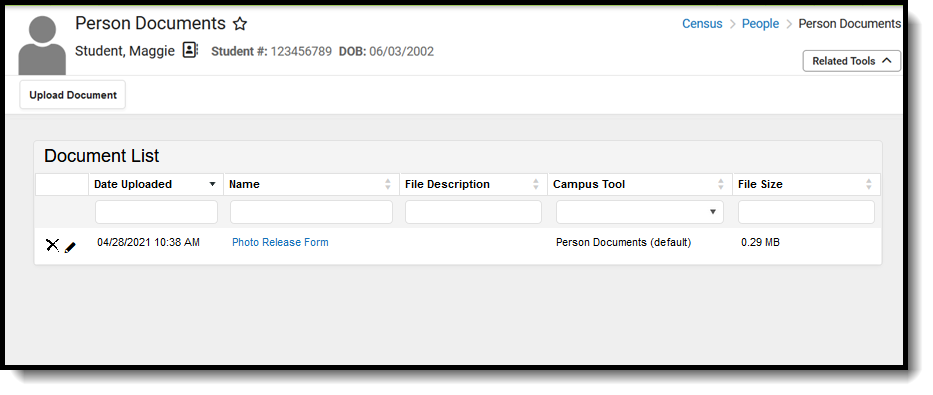 Screenshot of the Person Documents tool, located at Census, People. 