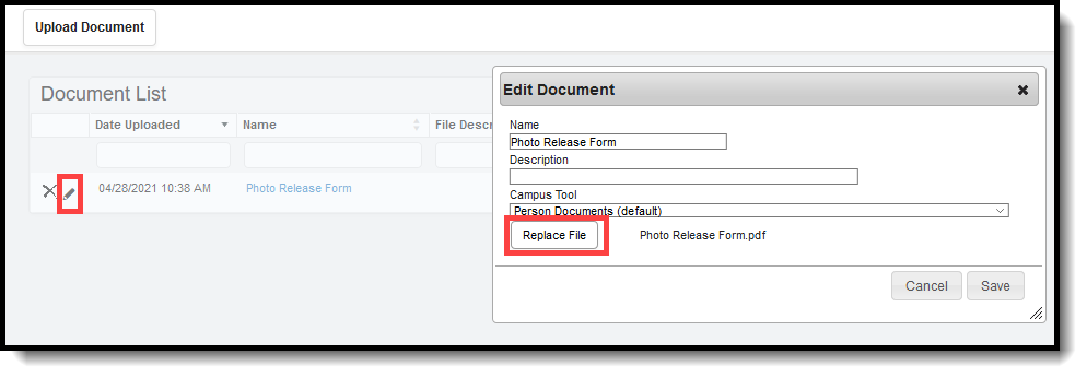 Screenshot highlighting the edit button and the Replace File option in the Edit Document popup. 