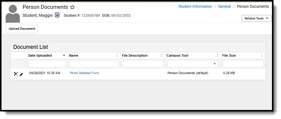 Screenshot of the Person Documents tool for students, located at Students, General. 