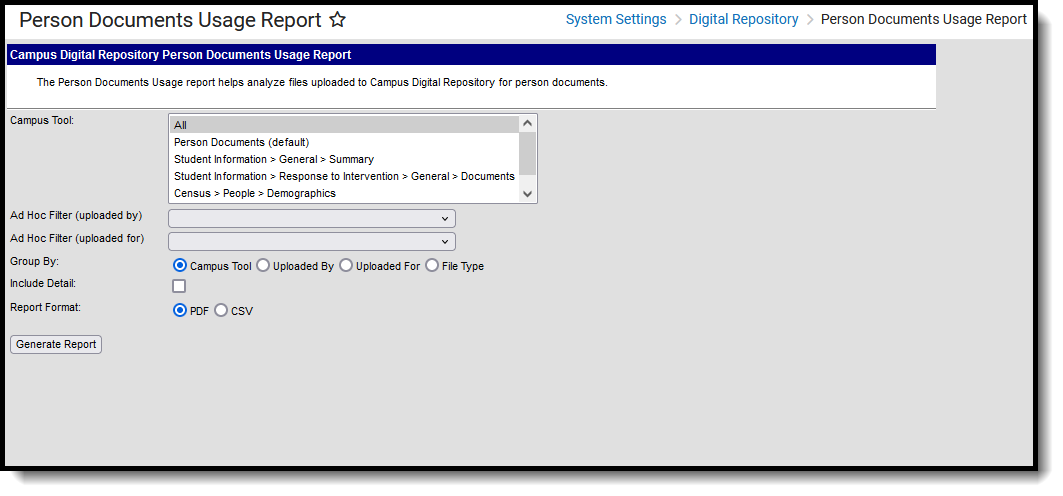 Screenshot of the Person Documents Usage Report, located at System Settings, Digital Repository. 