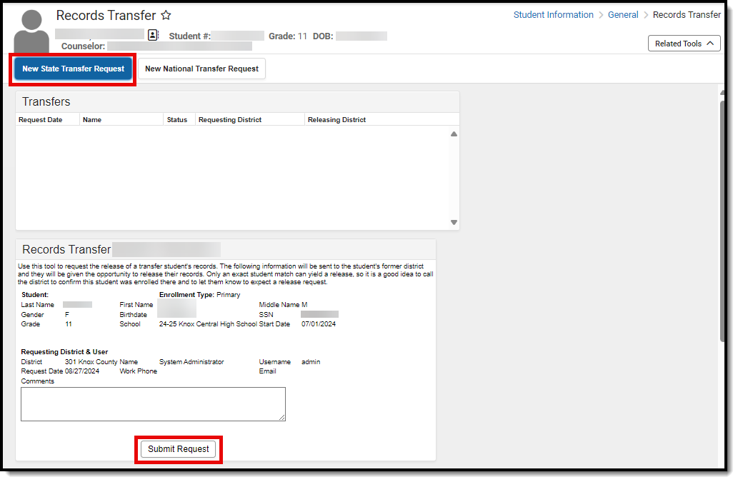 screenshot of the new state transfer request and submit request buttons hightlighted