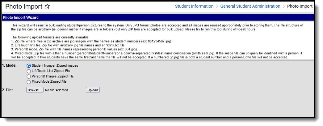 Screenshot of the Photo Import tool, located at the Student Information, General Student Administration. 