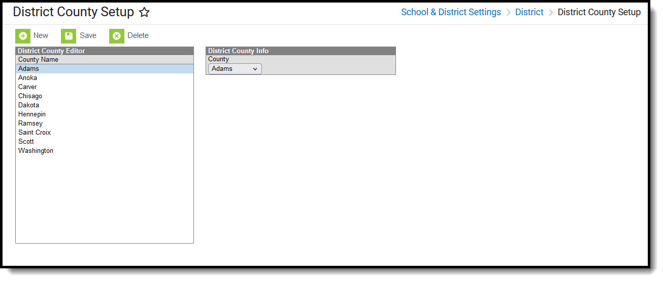 Screenshot of the District County Setup tool with a district selected. 