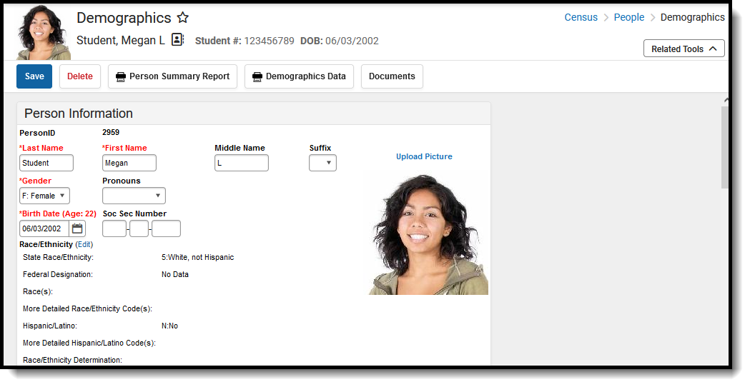 Screenshot of the student Demographics tool, showing how to upload one student's picture. 