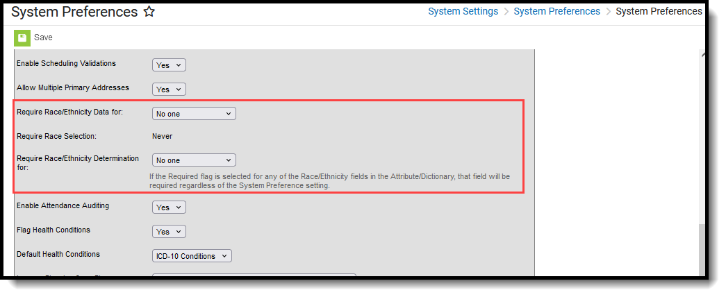 Screenshot highlighting the System Preferences related to Race/Ethnicity.