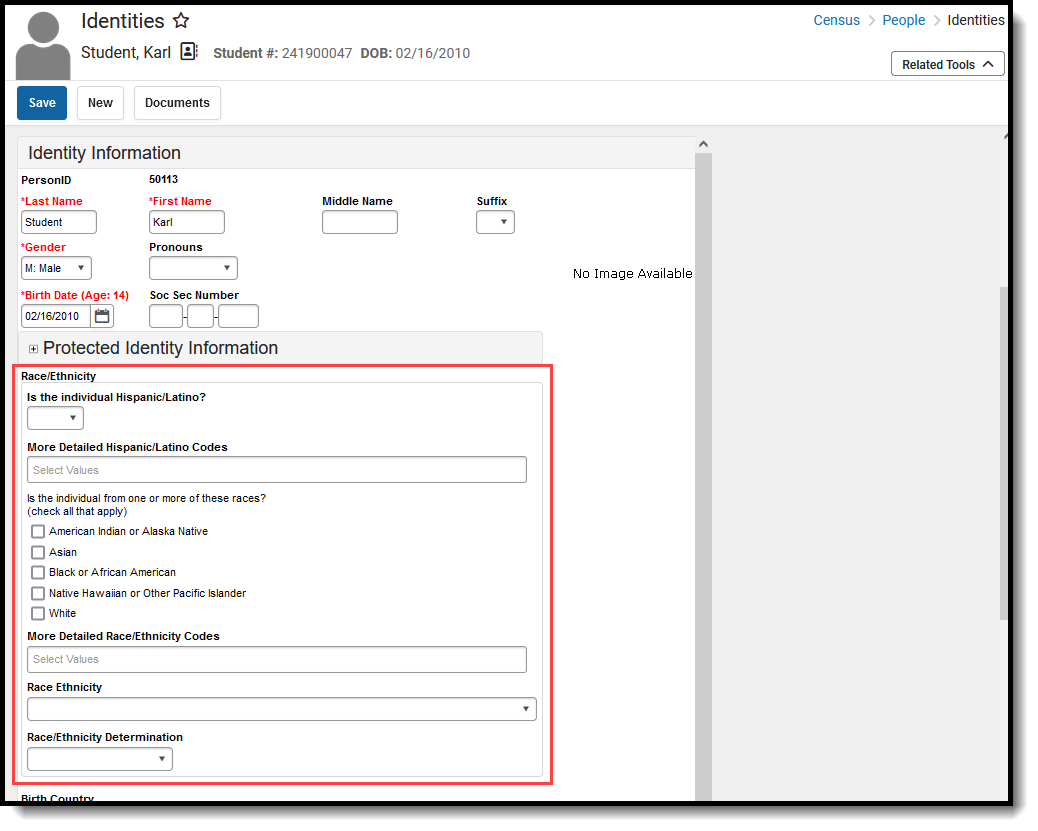 Screenshot highlighting the Race/Ethnicity section of a Demographics record. 