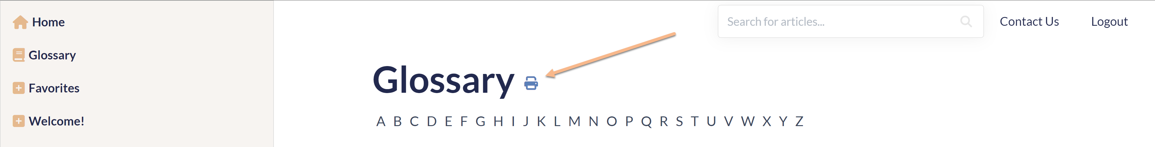 The heading and letters of the Glossary page in a live knowledge base. A print icon displays to the right of the Glossary page title and an arrow points to it.