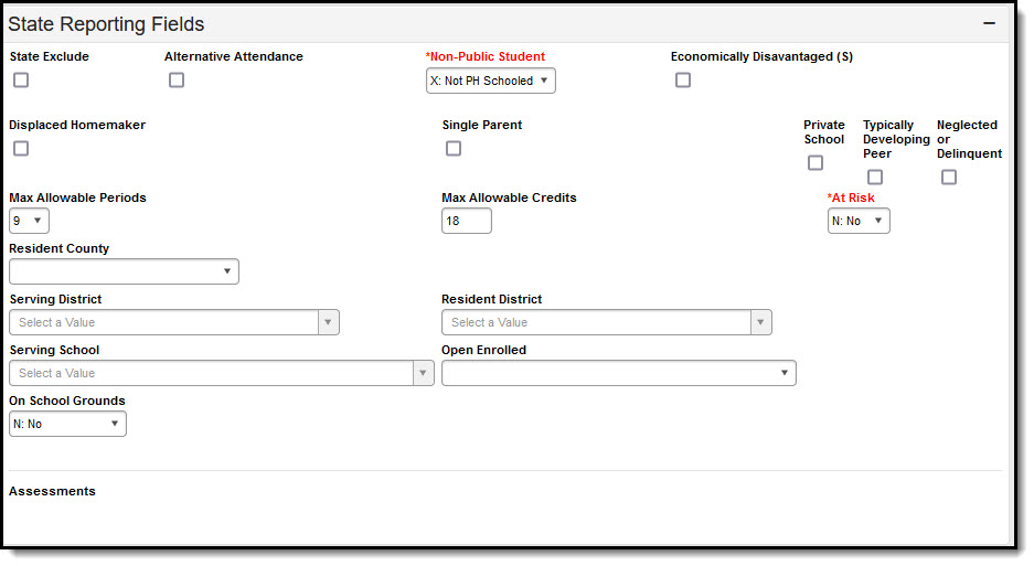 Screenshot of State Reporting Fields for Idaho enrollment